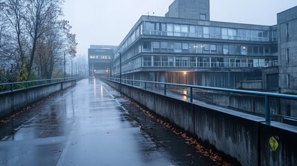 Fototapeta premium Urban Landscape in Foggy Morning Light Featuring Modern Architecture and Empty Walkways, Capturing the Essence of a Quiet and Mysterious City Scene