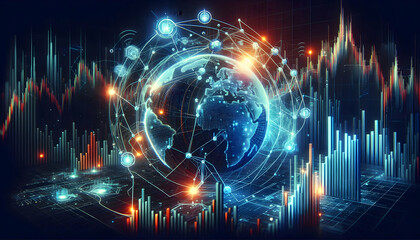 Fototapeta premium A stylized 3D forex market graph with interconnected nodes and lines, showing global data flow in a3
