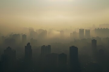 Fototapeta premium A Cityscape Hidden in Smog: Silhouetted Buildings Emerge from a Thick Layer of Fog During the Early Morning Light, Creating a Mysterious Urban Atmosphere