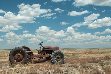 Obraz premium Abandoned Broken Tractor Left in a Field Under a Cloudy Sky with Dry Grass and Open Space in the Background Highlighting Nature's Serenity