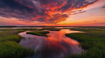 An awe-inspiring view of a vast salt marsh under a fiery sunset sky, Salt marsh scene, Cinematic style