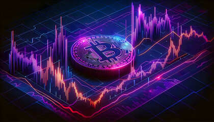 A close-up neon cryptocurrency chart with purple and red lines against a dark blue background, show3