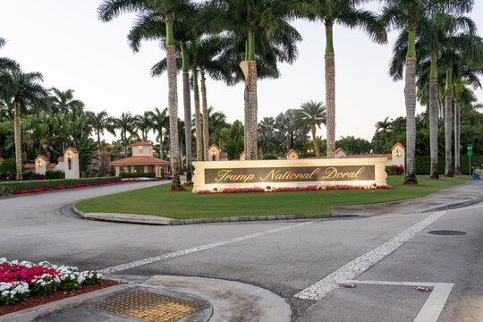 Doral, Florida, USA - January 1, 2022: The sign at the entrance to Trump National Doral Golf Club in Doral, Florida, USA. 