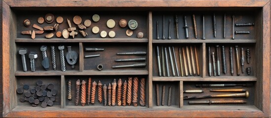 Box of different wood screws and nails, rustic and worn, organized by type