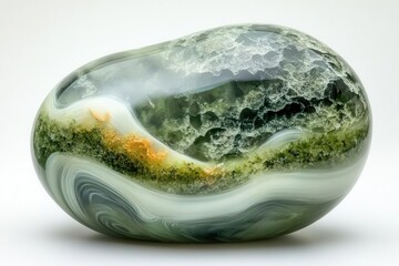 Moss agate with green and white swirls, set against a soft front light on a white background.