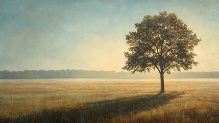 A lone pastel-colored tree standing in a vast, foggy meadow with soft sunlight breaking through the mist, creating long shadows.