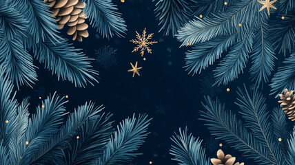 Naklejka premium Festive winter background featuring pine branches, cones, and snowflakes in a dark setting