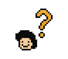 Fototapeta premium Cute pixel cartoon character man with question mark decoration 8 bit male boy confused idea question think choose cartoon pixel game png vector.