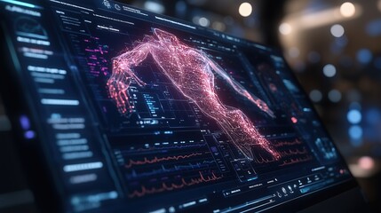 Futuristic Digital Interface Displaying a Holographic Human Figure Interacting with Advanced Technology in a Modern Environment