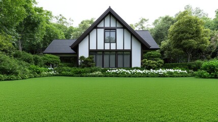 Obraz premium Modern house surrounded by lush greenery and a well-maintained lawn.