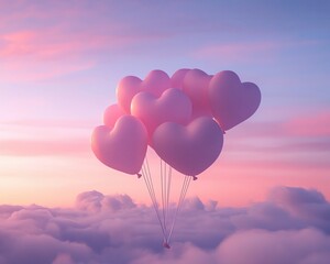 Obraz premium Pink Heart Balloons Floating Above the Clouds at Sunset,Heart balloons in sky ,Romantic cloudscape, Love and celebration decor, Sunset with heart balloons, Dreamy romantic atmosphere