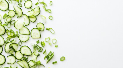 Freshly Sliced Cucumbers and Green Onions on White Background