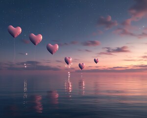 Fototapeta premium pink heart balloons floating in the sky Floating heart balloons at sunset over water.