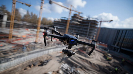 Naklejka premium Drone flying over construction site gathering data