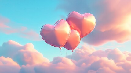 Fototapeta premium pink heart balloons floating in the sky Three heart-shaped balloons in the sky.