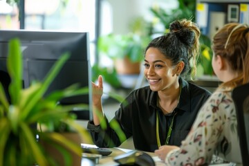 Cheerful Customer Service Representative Engaging with Client at Desk in Modern Office with Green Plants and Computer, Contributing to Positive Work Environment