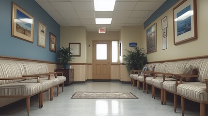 Bright and Welcoming Medical Office Waiting Room with Comfortable Seating and Light Blue Accent Walls for Patients in Healthcare Facilities