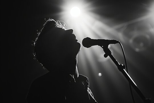 Silhouette of a musician passionately singing into a microphone under bright stage lights during a live performance at night. Generative AI