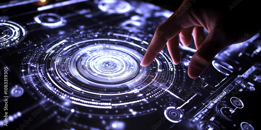 Aufkleber close up of hand interacting with a futuristic glowing touch screen interface