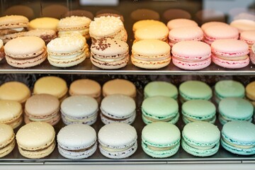 Fototapeta premium beautiful assortment of colorful macarons set in a quaint bakery. The macarons are carefully arranged, showcasing an array of pastel colors