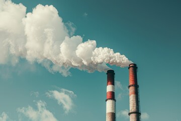 Industrial Chimneys Emitting Thick Smoke Against a Clear Blue Sky, Showcasing Environmental Challenges and Urban Development
