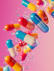Colorful Pills Falling with Water Droplets Against a Pink Background