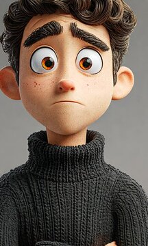 A worried animated character with a turtleneck sweater.