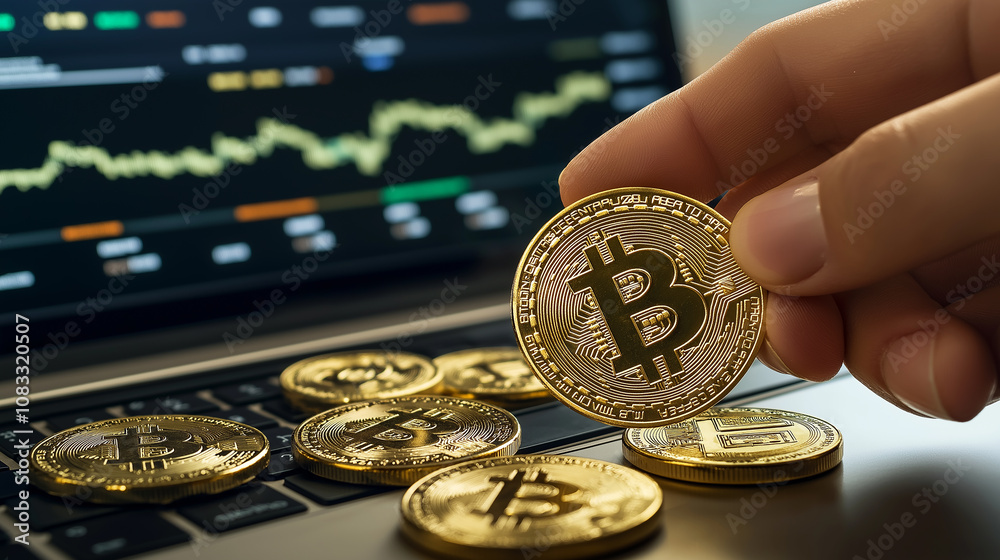 Poster trader holding bitcoin over laptop showing cryptocurrency chart