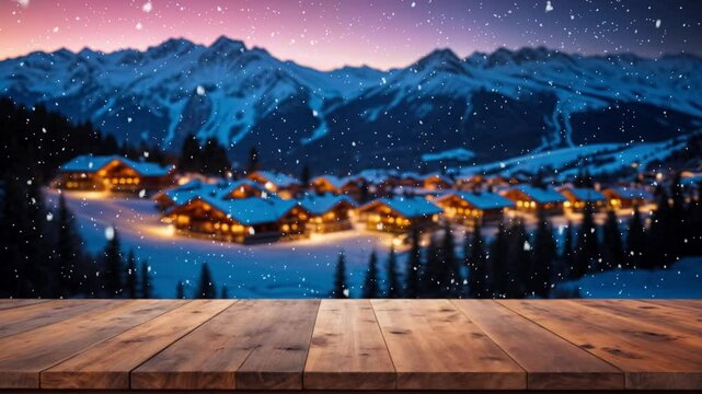 empty wooden table snowy mountain house floor