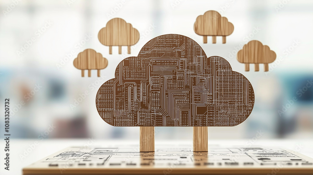 Aufkleber cloud computing, circuit board and wooden clouds representing innovative technology