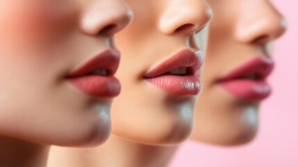 Obraz premium Three beautiful women showing lip makeup on pink background