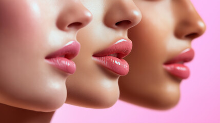 Obraz premium Three beautiful models showing lip gloss makeup on pink background