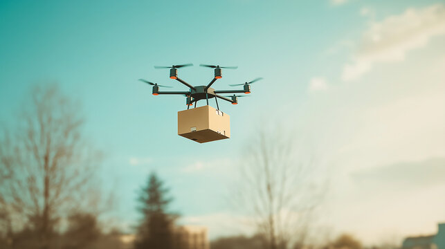Modern delivery with drone carrying package in the sky