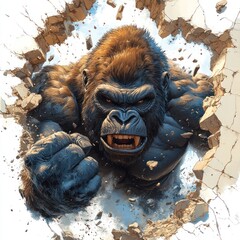 A powerful gorilla breaks through a crumbling wall with an angry expression.