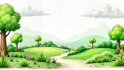 Obraz premium Lush green landscape with trees and path, scenic natural illustration