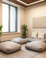 Fototapeta premium Relaxing lounge area with cushions and plants modern office interior design bright space minimalist concept