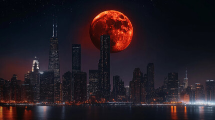 Huge red moon rising above chicago skyline at night