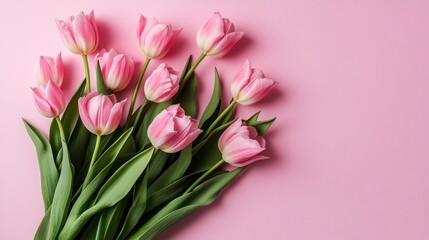 Fototapeta premium Pink tulips on pastel pink background, suitable for spring celebrations