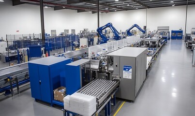 A modern industrial facility with robotic arms and automated machinery for production.