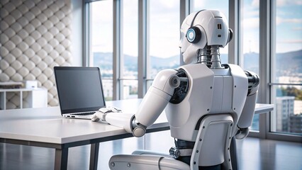 Futuristic AI Robot in Modern Office with City Skyline Photorealistic 3D Render, Sleek Design V1