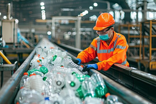 Worker sorting plastic bottles at a recycling facility during daytime with safety gear in use. Generative AI