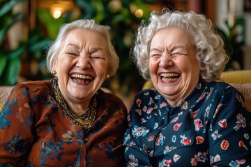 Joyful Senior Women Sharing Laughter and Happy Memories Together in a Cozy Living Room Surrounded by Greenery and Soft Lighting