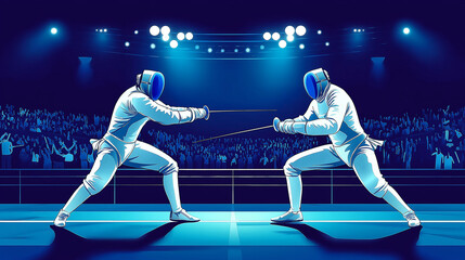 Obraz premium Fencers competing during a fencing tournament in a crowded stadium