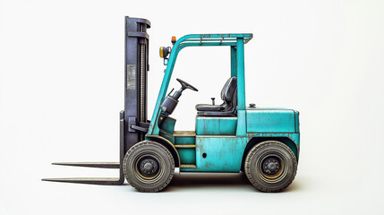 Naklejka premium Old forklift truck isolated on white background lifting nothing