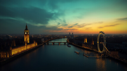 Fototapeta premium London eye and big ben shining at sunset over river thames