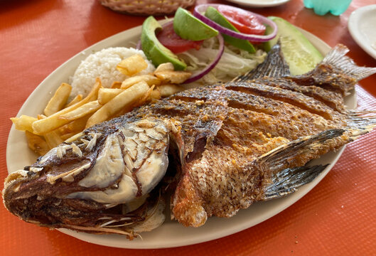 Mojarra frita con arroz, ensalada y papas fritas