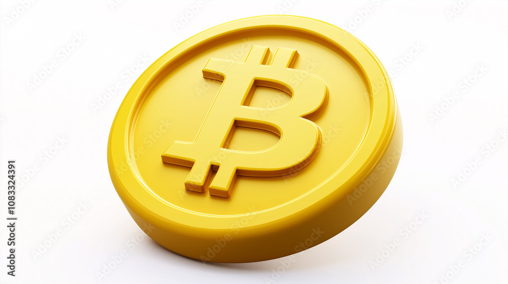 Poster Rotating bitcoin cryptocurrency coin floating on white background