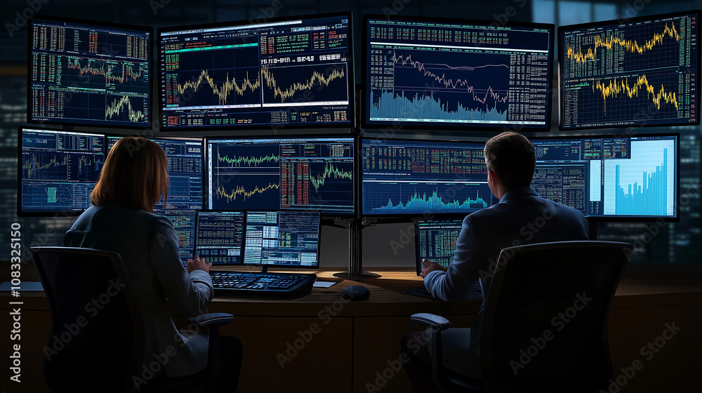 Poster Stock market broker analyzing charts on multiple computer screens at night