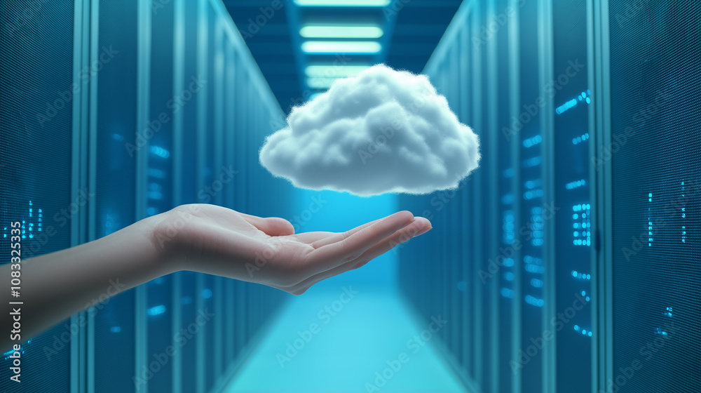 Poster hand holding cloud computing symbol in server room
