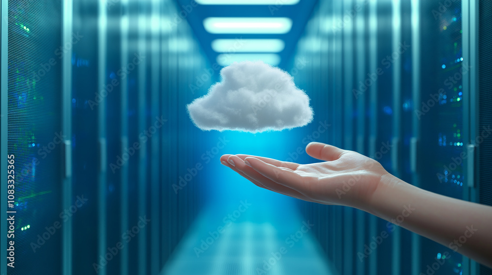 Poster hand holding cloud computing symbol in server room corridor